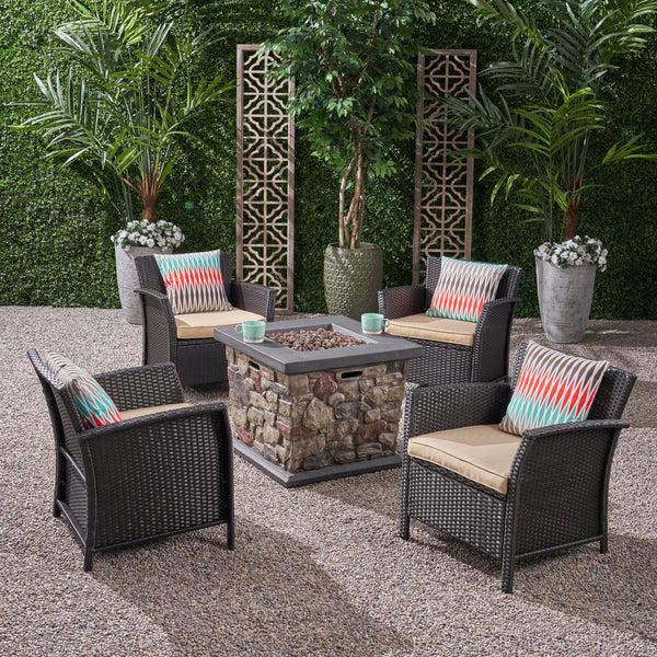 Gdf Studio Laiah Outdoor 4 Piece Wicker Club Chair Chat Set With Stone Finished Fire Pit