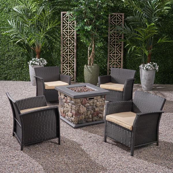 Gdf Studio Laiah Outdoor 4 Piece Wicker Club Chair Chat Set With Stone Finished Fire Pit
