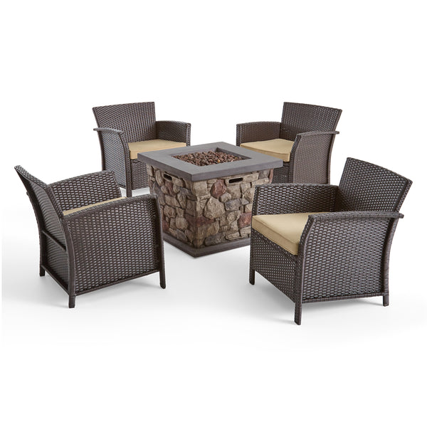 gdf studio Laiah Outdoor 4 Piece Wicker Club Chair Chat Set with Stone Finished Fire Pit