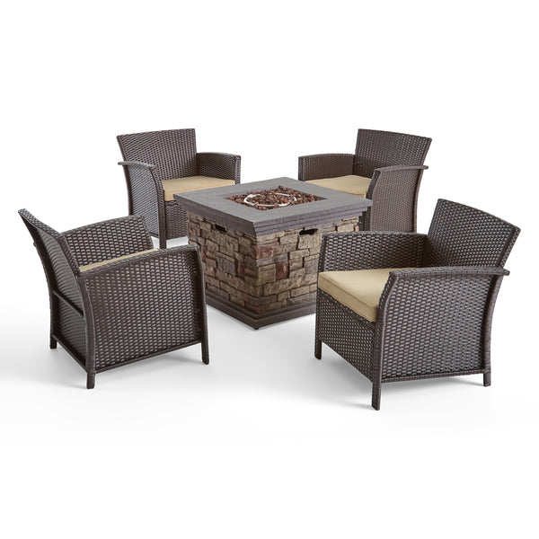 gdf studio Laiah Outdoor 4 Piece Wicker Club Chair Chat Set with Fire Pit