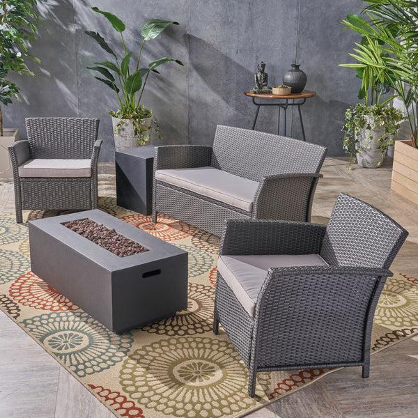Gdf Studio Laiah Outdoor 4 Seater Wicker Chat Set With Fire Pit
