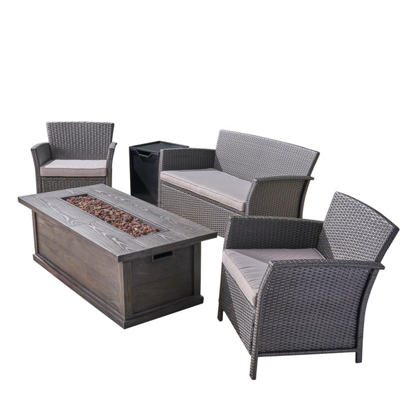 Gdf Studio Laiah Outdoor 4 Seater Wicker Chat Set With Iron Fire Pit