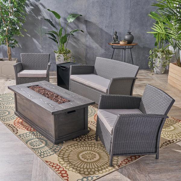 Gdf Studio Laiah Outdoor 4 Seater Wicker Chat Set With Iron Fire Pit