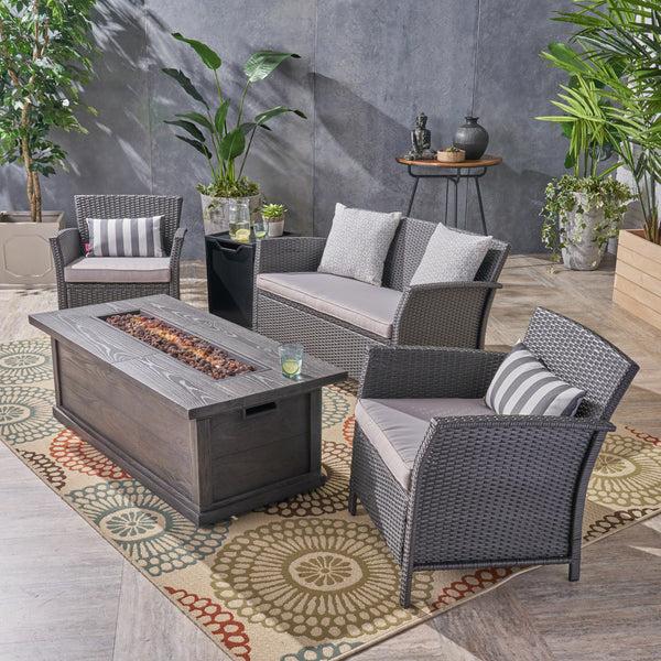 gdf studio Laiah Outdoor 4 Seater Wicker Chat Set with Iron Fire Pit