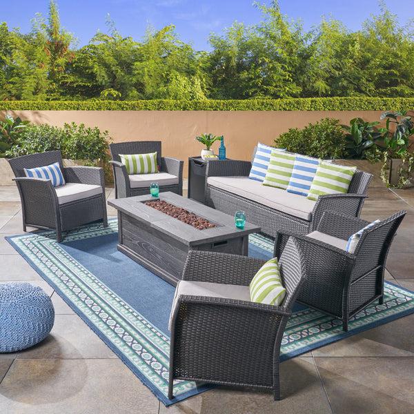 Gdf Studio Laiah Outdoor 7 Seater Wicker Chat Set With Fire Pit