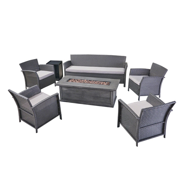 gdf studio Laiah Outdoor 7 Seater Wicker Chat Set with Fire Pit