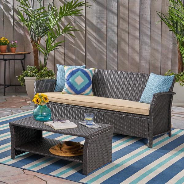 Gdf Studio Laiah Outdoor Wicker 3-Seater Sofa With Coffee Table