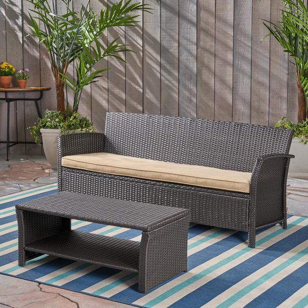 Gdf Studio Laiah Outdoor Wicker 3-Seater Sofa With Coffee Table