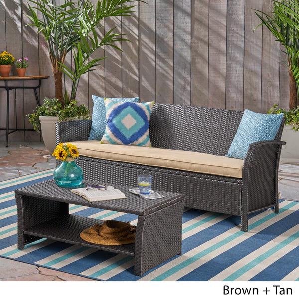 Gdf Studio Laiah Outdoor Wicker 3-Seater Sofa With Coffee Table