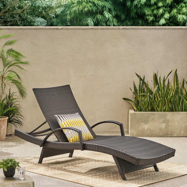 gdf studio Lakeport Brown Wicker Curved Outdoor Chaise Lounge Chair w/ Arms
