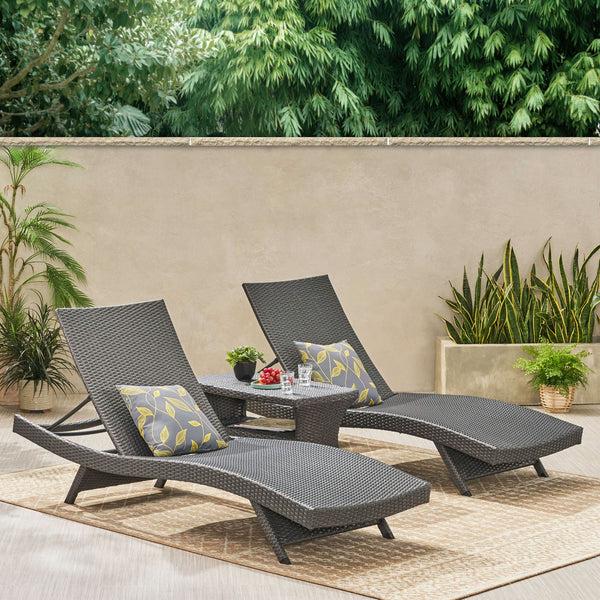 Gdf Studio Lakeport Outdoor 3 Piece Grey Wicker Chaise Lounge Set With Table