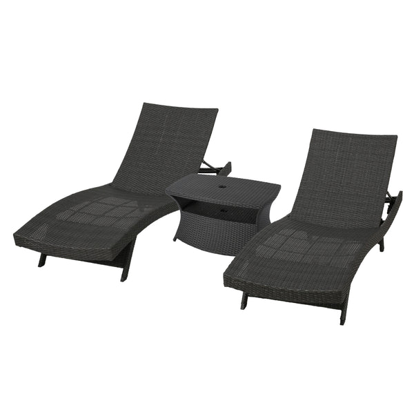 gdf studio Lakeport Outdoor 3 Piece Grey Wicker Chaise Lounge Set with Table