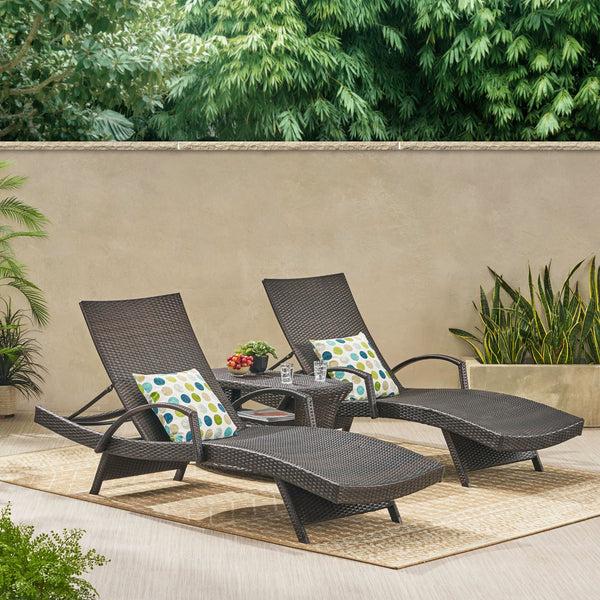 Gdf Studio Lakeport Outdoor 3 Piece Mutlibrown Wicker Chaise Lounge Set With Table
