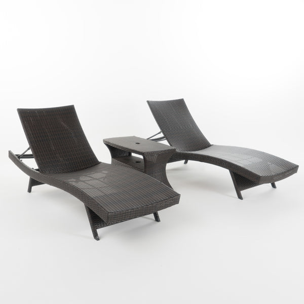 gdf studio Lakeport Outdoor 3 Piece Mutlibrown Wicker Chaise Lounge Set with Table
