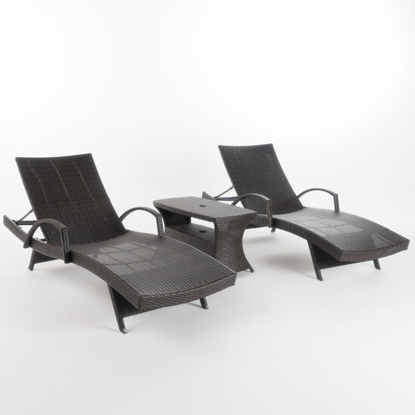 gdf studio Lakeport Outdoor 3 Piece Mutlibrown Wicker Chaise Lounge Set with Table