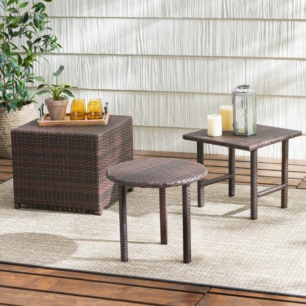 Gdf Studio Lakeport Outdoor 3pc Brown Wicker Side Table Set