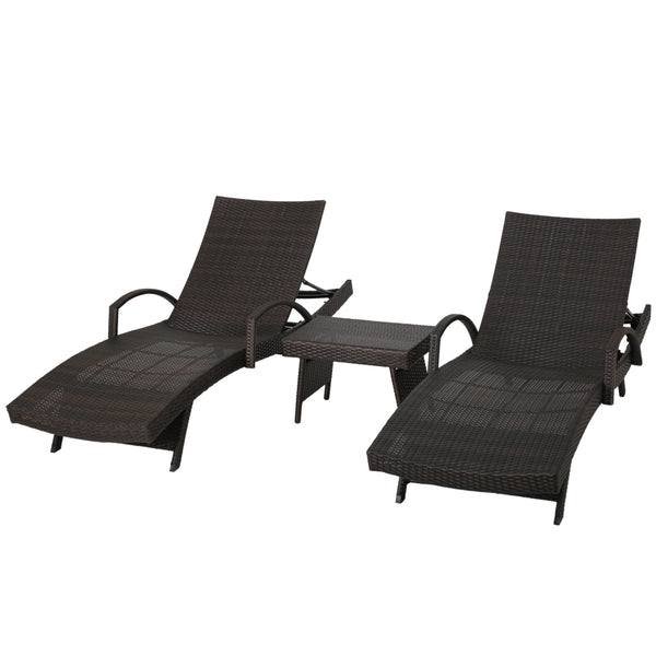 gdf studio Lakeport Outdoor Brown Wicker 3-piece Adjustable Armed Chaise Lounge Set