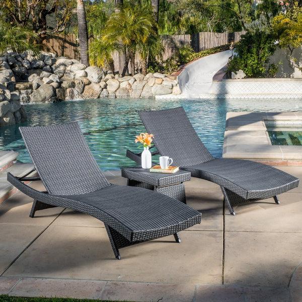 Gdf Studio Lakeport Outdoor Grey Wicker 3-piece Adjustable Chaise Lounge Set