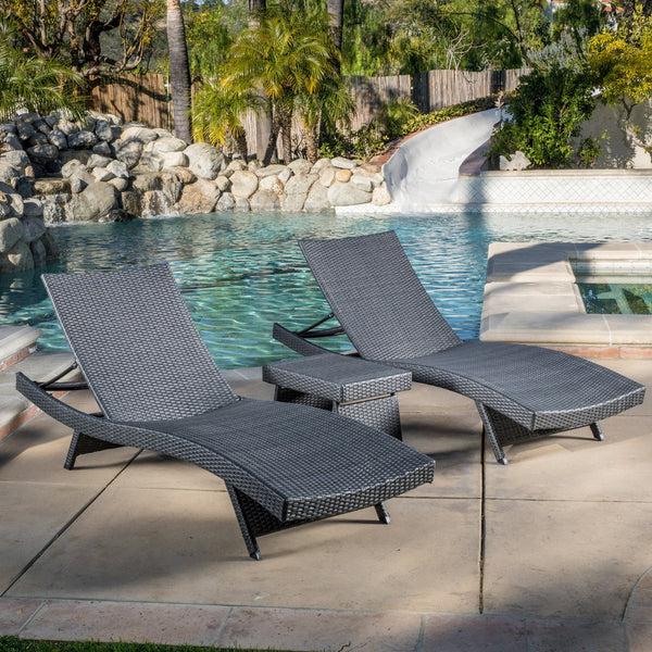 Gdf Studio Lakeport Outdoor Grey Wicker 3-piece Adjustable Chaise Lounge Set