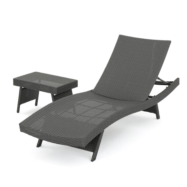 gdf studio Lakeport Outdoor Grey Wicker Adjustable Chaise Lounge and Table Set