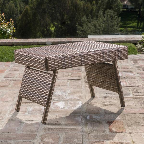 gdf studio Lakeport Outdoor Mixed Mocah Wicker Adjustable Folding Side Table