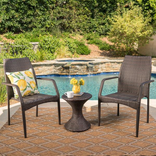 Gdf Studio Landing Outdoor 3 Piece Multi-Brown Wicker Chat Set With Stacking Chairs