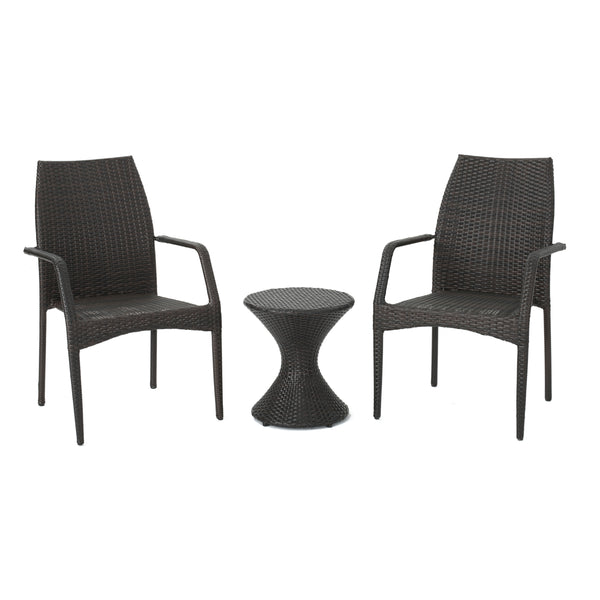 gdf studio Landing Outdoor 3 Piece Multi-Brown Wicker Chat Set with Stacking Chairs