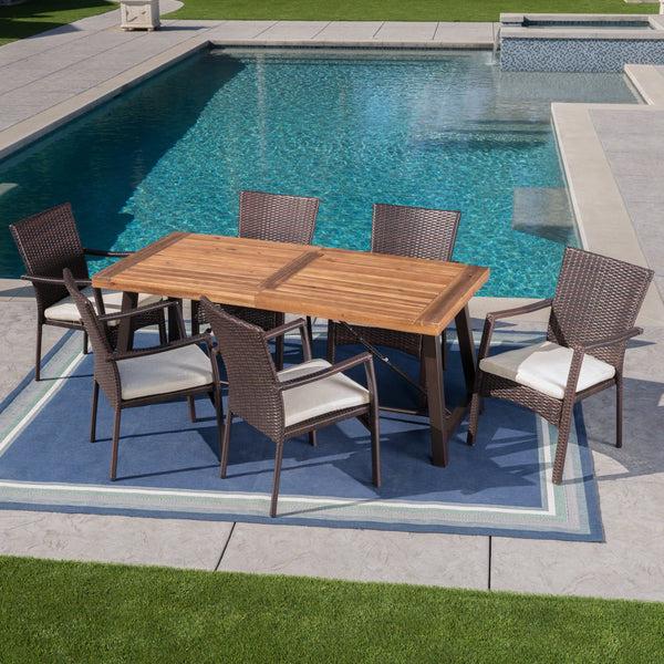 Gdf Studio Landon Outdoor 7 Piece Dining Set With Teak Finished Wood Table And Brown Chairs