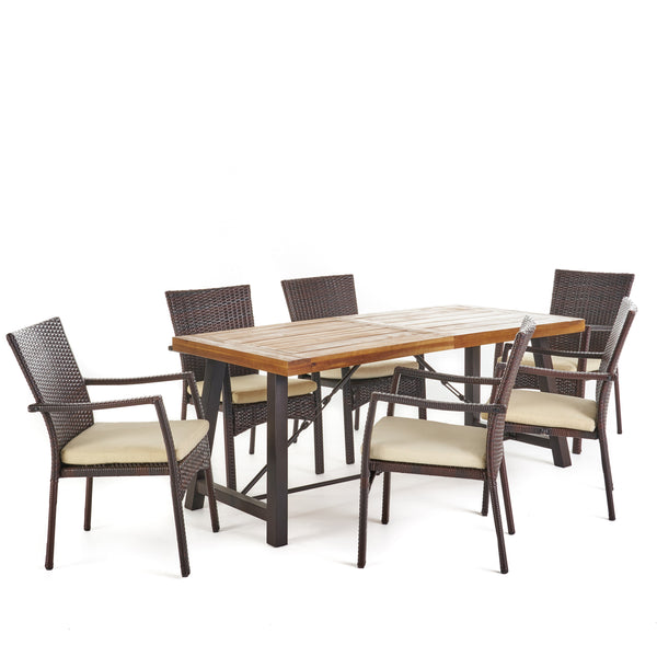 gdf studio Landon Outdoor 7 Piece Dining Set with Teak Finished Wood Table and Brown Chairs