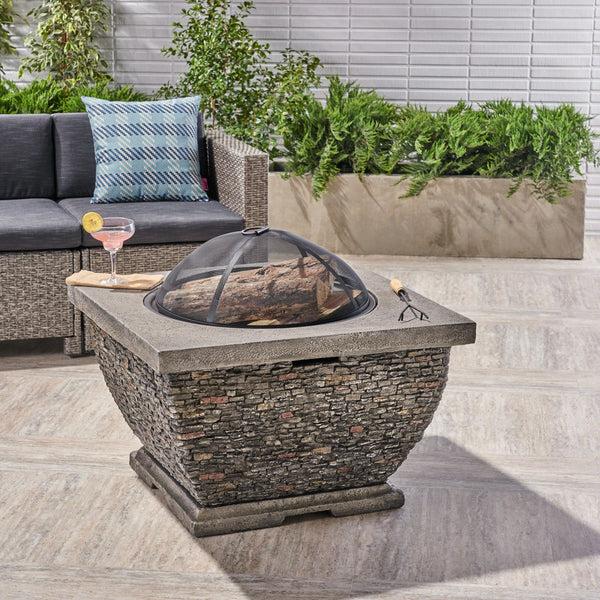 Gdf Studio Laraine Outdoor 32-inch Wood Burning Light-Weight Concrete Square Fire Pit Grey