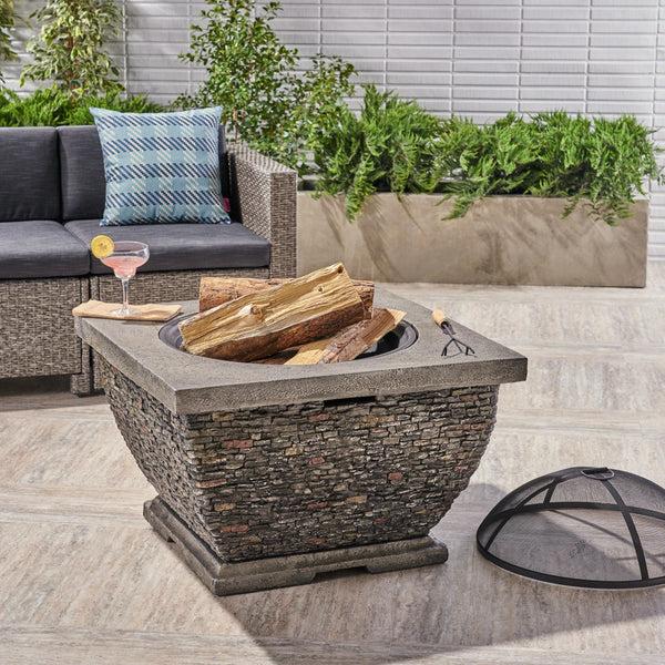 Gdf Studio Laraine Outdoor 32-inch Wood Burning Light-Weight Concrete Square Fire Pit Grey
