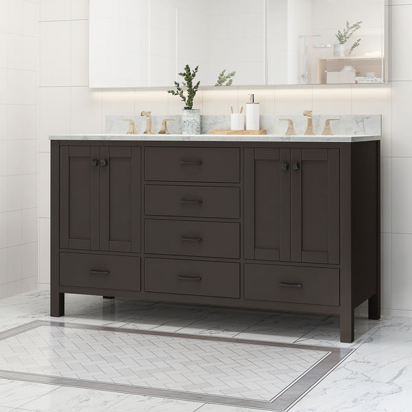 Gdf Studio Laranne Contemporary 60" Wood Double Sink Bathroom Vanity With Marble Counter Top With Carrara White Marble