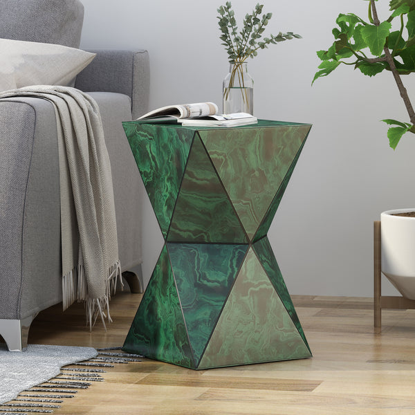 Gdf Studio Larry Tempered Glass Hourglass Side Table Malachite Finish