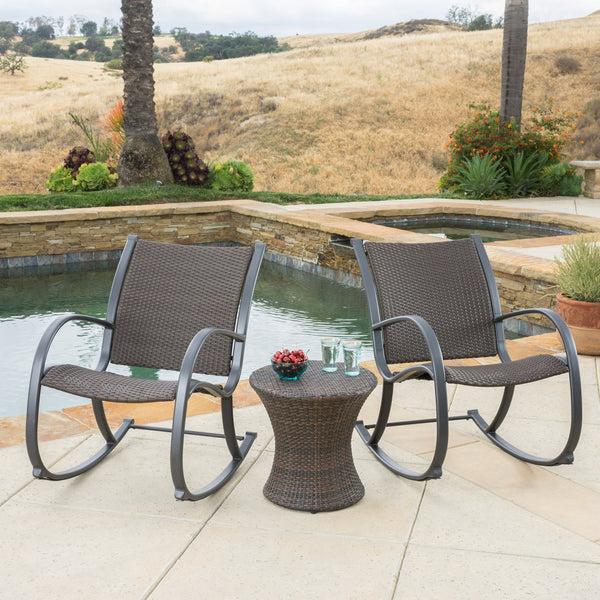 Gdf Studio Leann Outdoor 3pc Dark Brown Wicker Rocking Chair Chat Set (Hourglass Table)