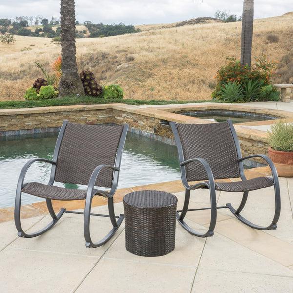 Gdf Studio Leann Outdoor 3pc Dark Brown Wicker Rocking Chair Chat Set