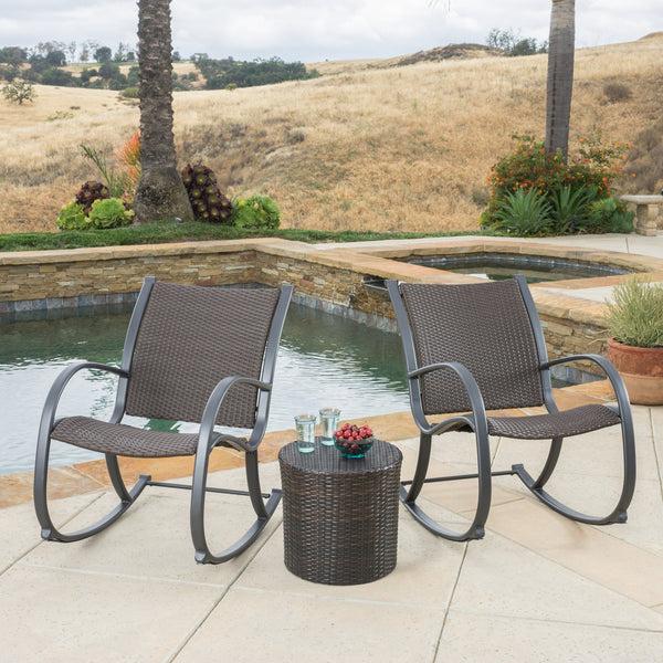 Gdf Studio Leann Outdoor 3pc Dark Brown Wicker Rocking Chair Chat Set