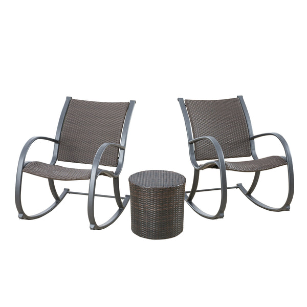 gdf studio Leann Outdoor 3pc Dark Brown Wicker Rocking Chair Chat Set