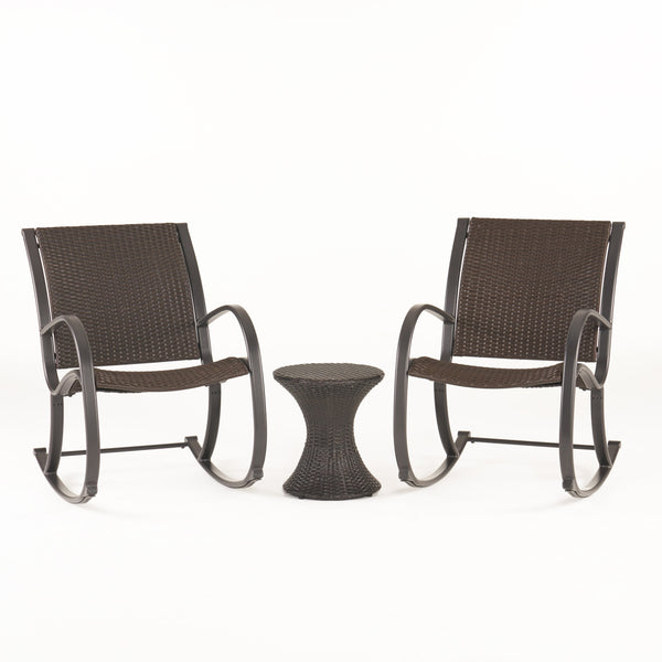gdf studio Leann Outdoor 3pc Dark Brown Wicker Rocking Chair Chat Set (Hourglass Table)