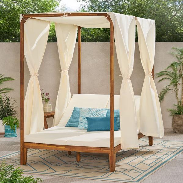 Gdf Studio Leaverton Outdoor 2 Seater Adjustable Acacia Wood Daybed With Curtains