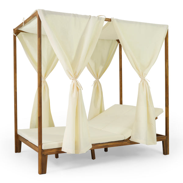gdf studio Leaverton Outdoor 2 Seater Adjustable Acacia Wood Daybed with Curtains