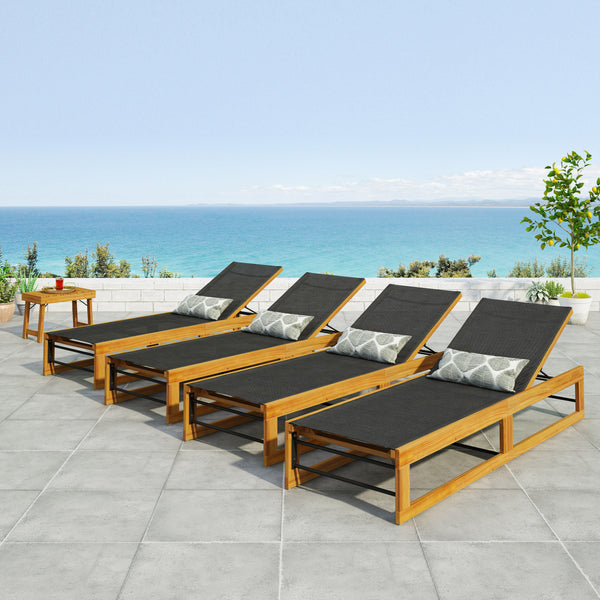 Gdf Studio Leavitt Outdoor Mesh And Wood Adjustable Chaise Lounges Set Of 4 Black And Teak