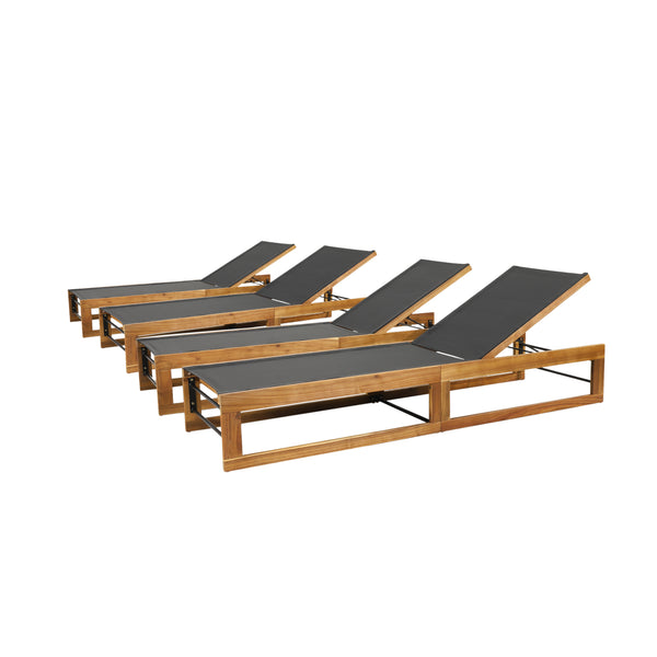 gdf studio Leavitt Outdoor Mesh and Wood Adjustable Chaise Lounges Set of 4 Black and Teak