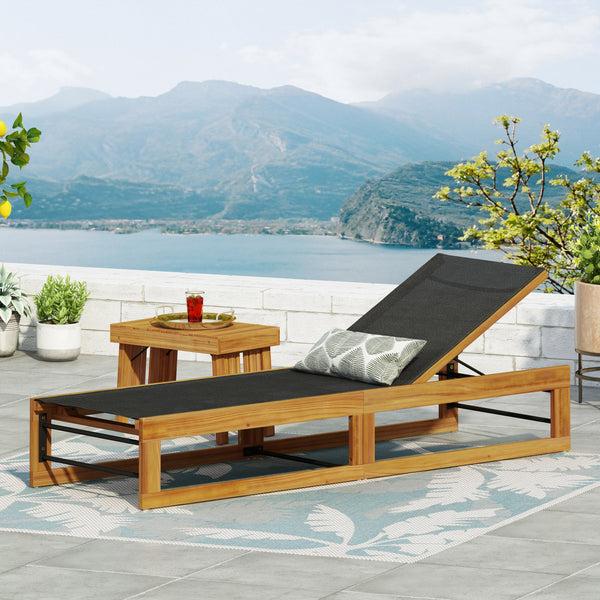 Gdf Studio Leavitt Outdoor Mesh And Wood Adjustable Chaise Lounge Black And Teak