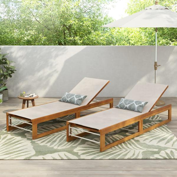 gdf studio Leavitt Outdoor Mesh and Wood Adjustable Chaise Lounges Set of 2
