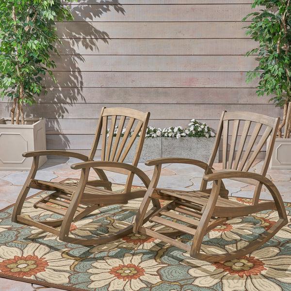 Gdf Studio Lee Outdoor Rustic Acacia Wood Recliner Rocking Chairs (Set Of 2)