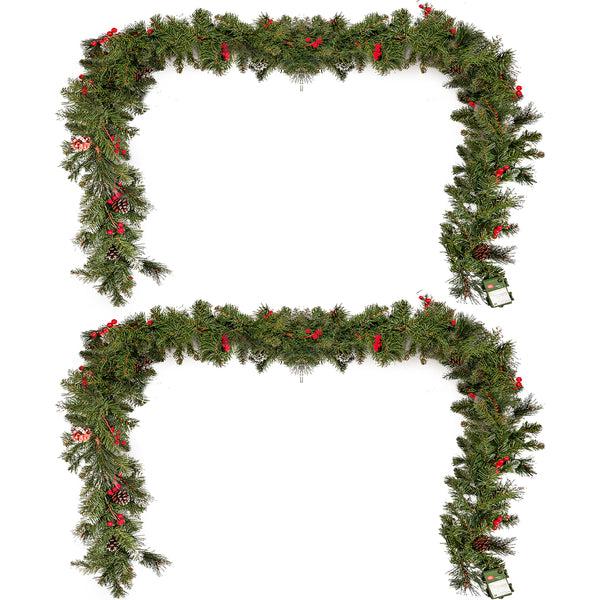 Gdf Studio Leif 9’X10’’Glitter Bristle Mixed Garland With 15 Red Berry And 15 Pine Cones And With 50 Warm White LED Lights With Timer-Battery Operated-Outdoor 180 Tips