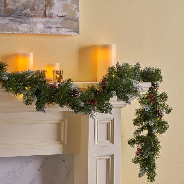 Gdf Studio Leif 9’X10’’Glitter Bristle Mixed Garland With 15 Red Berry And 15 Pine Cones And With 50 Warm White LED Lights With Timer-Battery Operated-Outdoor 180 Tips