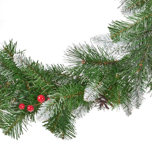Gdf Studio Leif 9’X10’’Glitter Bristle Mixed Garland With 15 Red Berry And 15 Pine Cones And With 50 Warm White LED Lights With Timer-Battery Operated-Outdoor 180 Tips