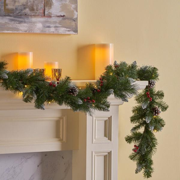 gdf studio Leif 9’X10’’Glitter Bristle Mixed Garland with 15 Red Berry and 15 Pine Cones and with 50 Warm White LED Lights with Timer-Battery Operated-Outdoor 180 Tips