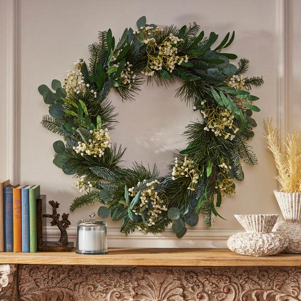 Gdf Studio Leigh 30" Eucalyptus And Pine Artificial Silk Wreath With Baby's Breath Green And White